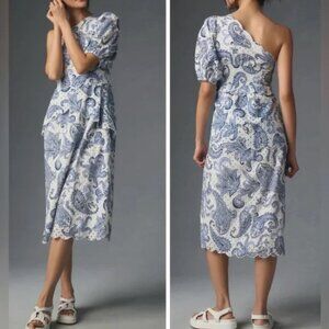 Farm Rio One-Shoulder Paisley Print Eyelet Midi Dress 100% Cotton